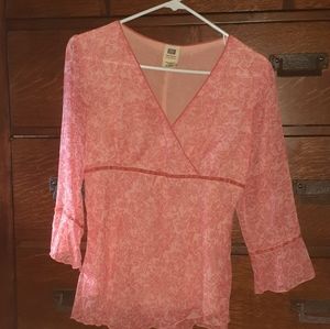 Small (4-6) sheer orange floral blouse.